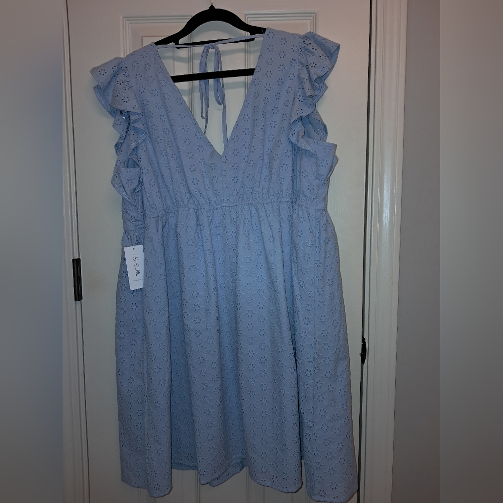 Jessica Simpson NEW cotton eyelet dress size large light blue V neck babydoll - Picture 10 of 12